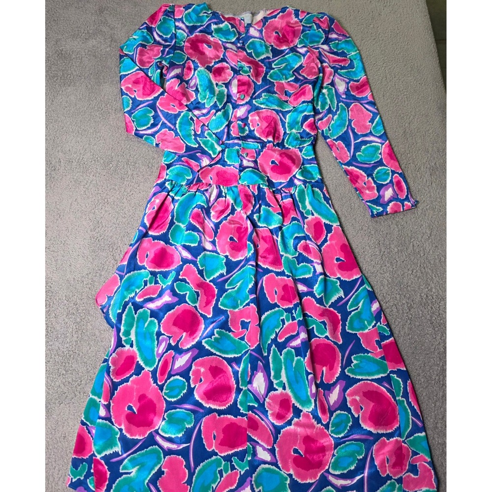 Jonathan Martin Womens Vintage Midi Dress Blue Pink Floral Long Sleeve Silky 80s